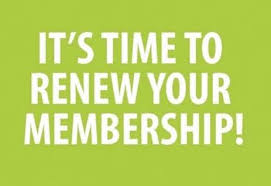 White text in capital letters on a green background. Text says, "It's time to renew your membership".